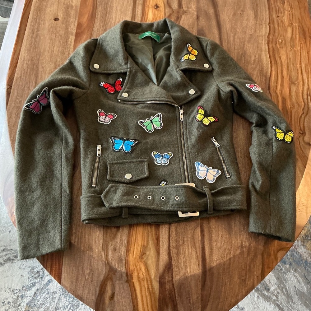 Signature Eight Butterfly Embroidered Moto Jacket Olive Green Wool Biker Small - Picture 12 of 13